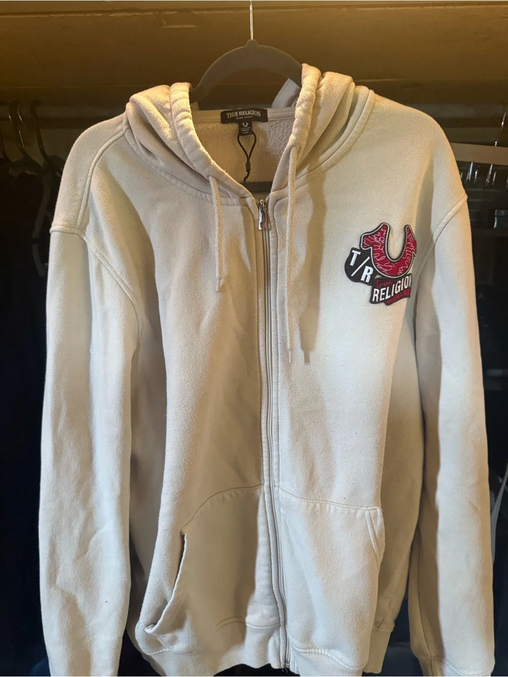 True Religion Cream Fleece Zip Hoodie with Logo Tag